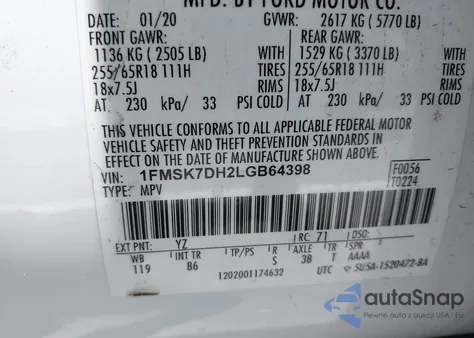 2020 Ford Explorer Xlt из США, поврежденный, VIN 1FMSK7DH3LGB64398